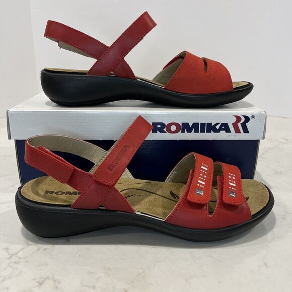 Romika NEW Ibiza Strappy Leather Sandals Red EU 41 US 10-10.5 Comfort Adjustable - Picture 1 of 14